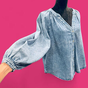 Flying Tomato L Chambray Blouse Balloon Sleeve Denim Pearl Snap Western Cottage